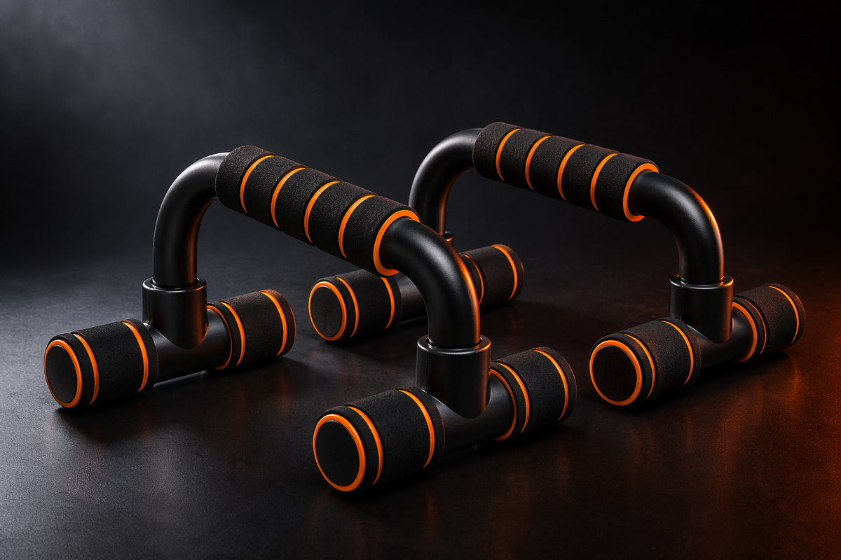 X-Grip Push-Up stand in orange — heavy-duty ergonomic push-up bars rated 300 lb, dark studio hero shot