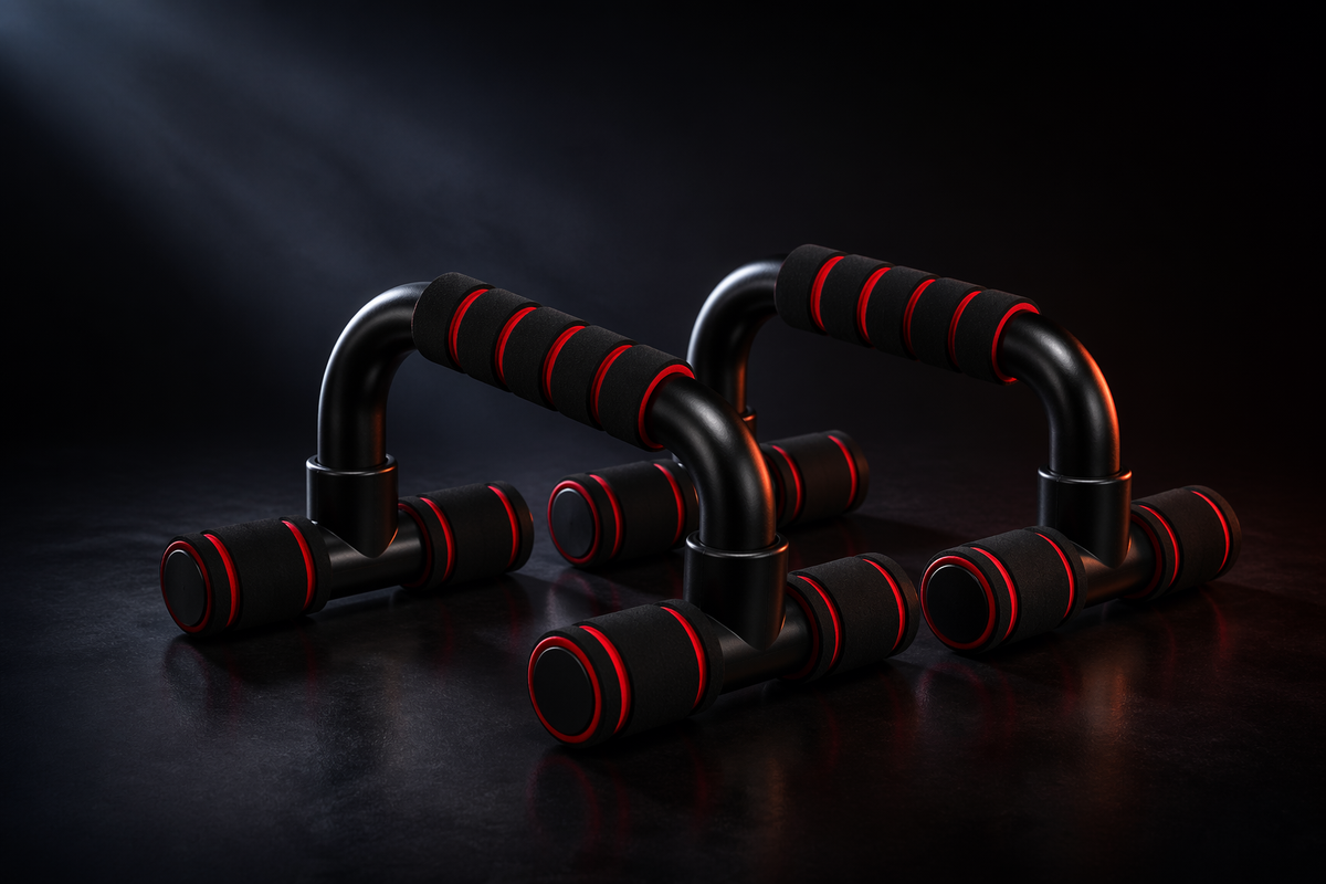 X-Grip Push-Up stand in red — heavy-duty ergonomic push-up bars rated 300 lb, dark studio hero shot