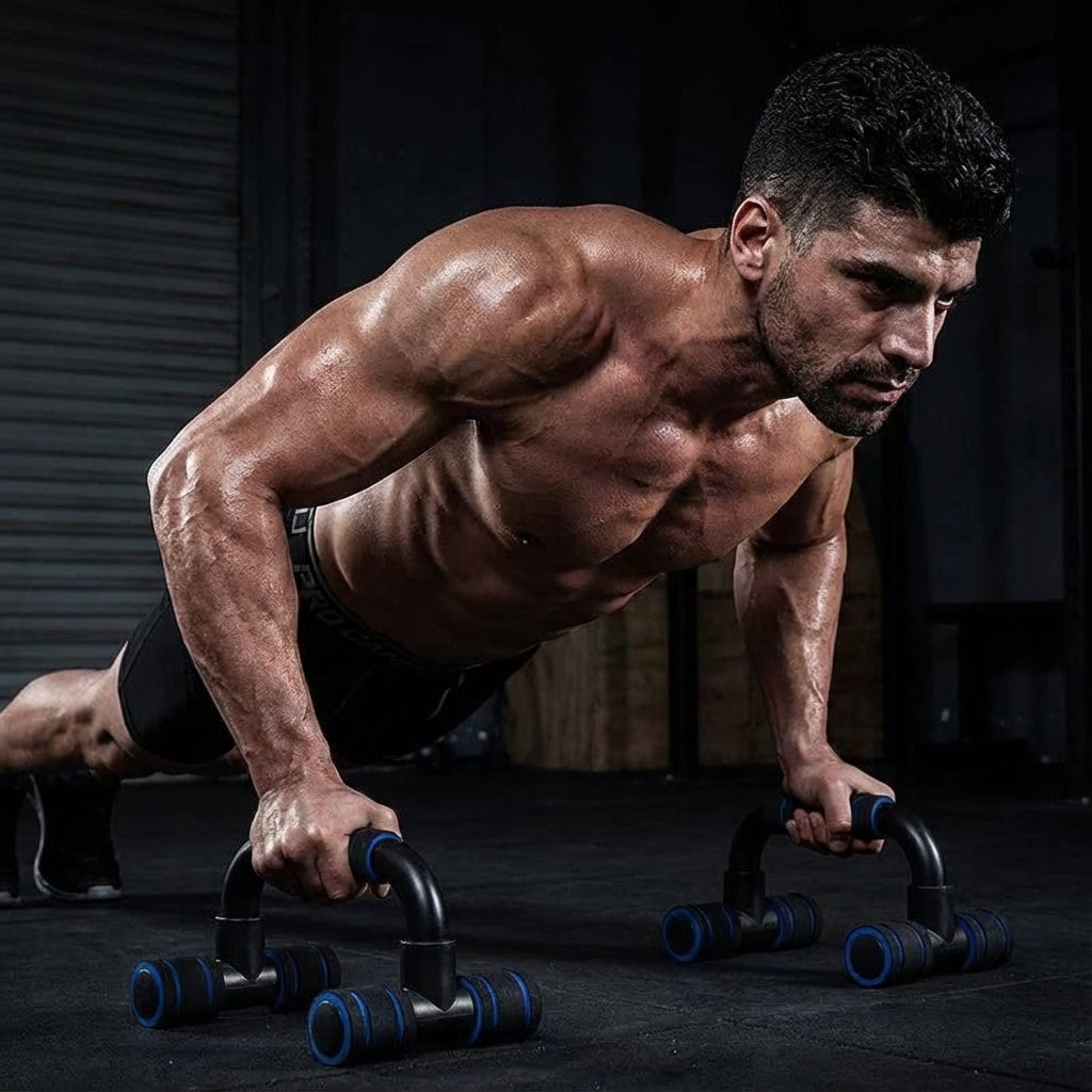Muscular man doing push-ups with X-Grip Push-Up Stand blue variant in gym setting