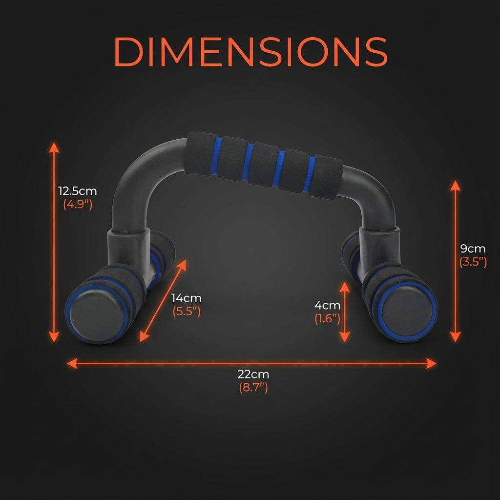 X-Grip Push-Up Stand dimensions chart showing 22cm width 14cm depth 12.5cm height