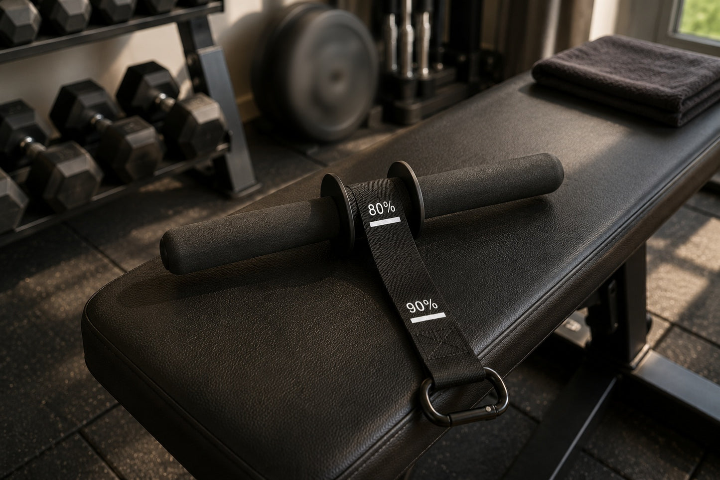 X-Grip Roller resting on a flat bench in a home gym - strap with progress marks and carabiner