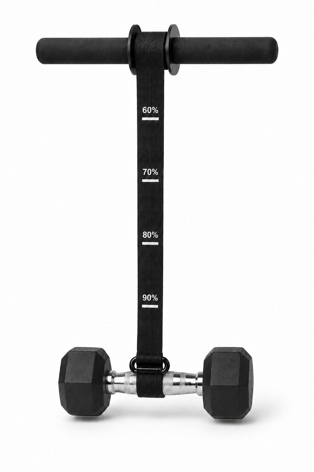 X-Grip Roller strap cinched around a dumbbell handle with the carabiner choker hitch - loads any weight
