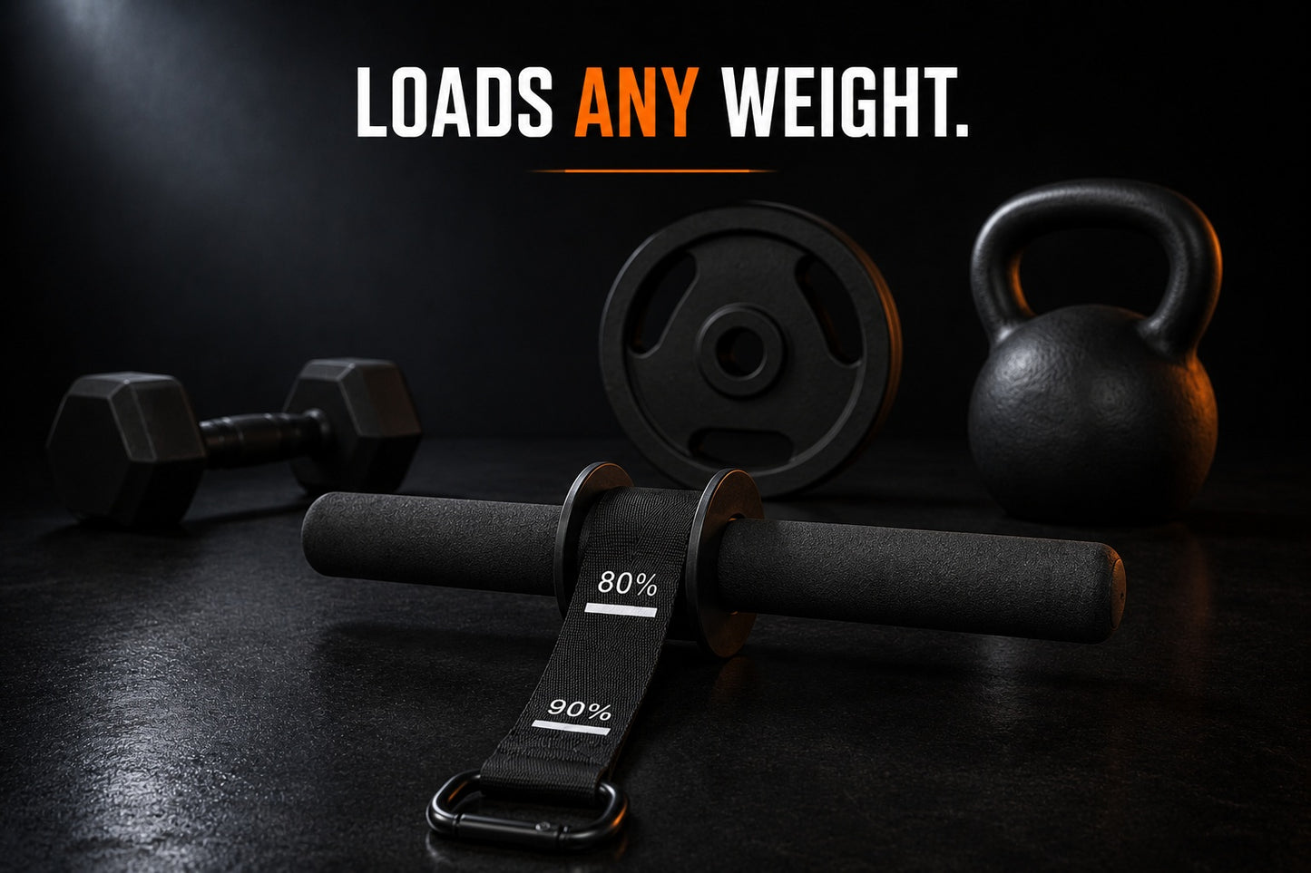 X-Grip Roller loads any weight - shown with hex dumbbell, weight plate and kettlebell