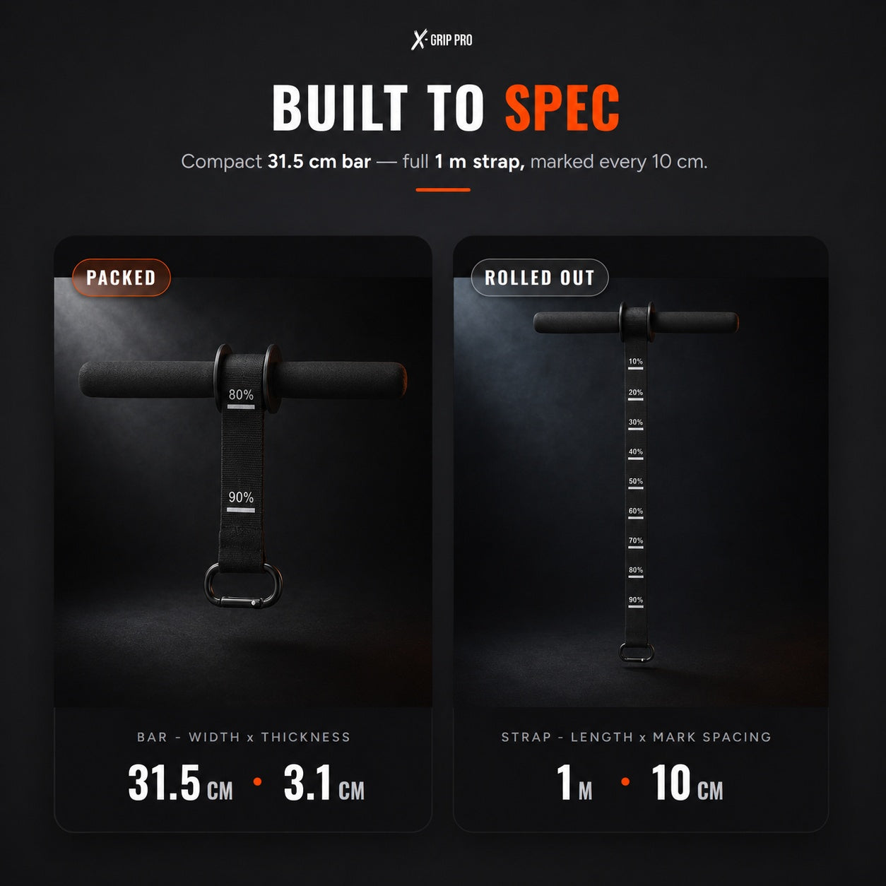 X-Grip Roller specifications - 31.5 cm x 3.1 cm bar, 1 m strap with progress marks every 10 cm