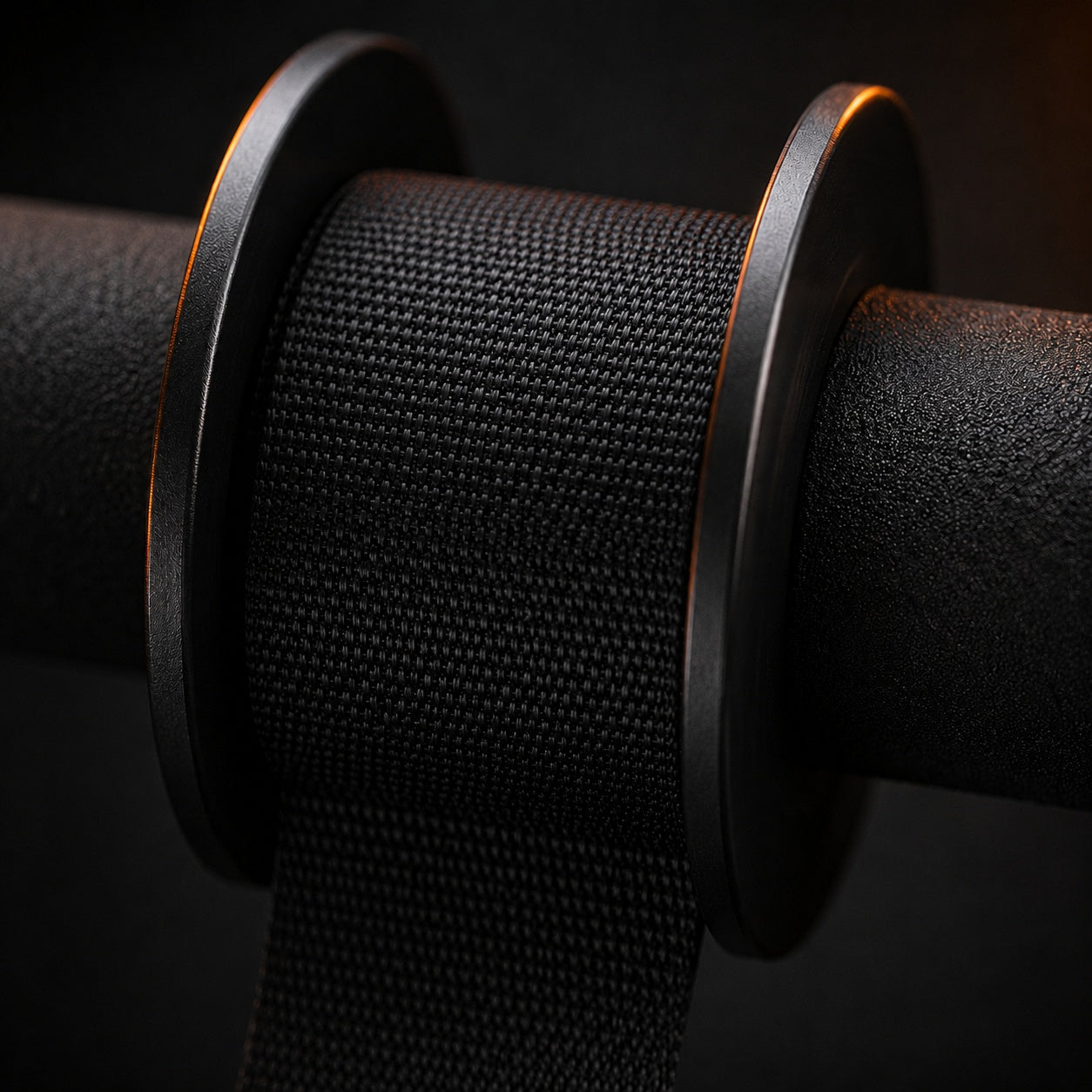 X-Grip Roller self-centering strap drum close-up - flat webbing wound between the disc guides